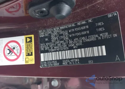 2015 Toyota Highlander Le V6 from USA, damaged, VIN 5TDBKRFH6FS079930